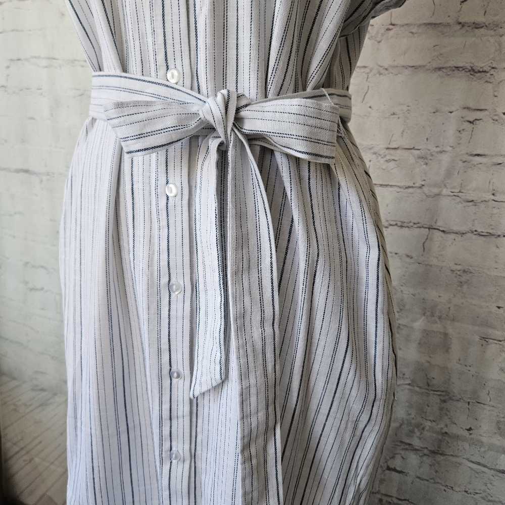 NWOT Ann Taylor Factory Button Front Cotton White Blue Stripe Shirtdress Large - Picture 6 of 11